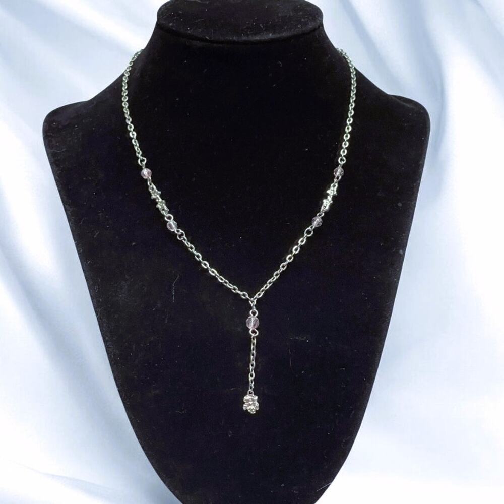 Vintage Silver Loop Chain "Y" Necklace w/Lt Pink Crystal Beads & Floral Accents
